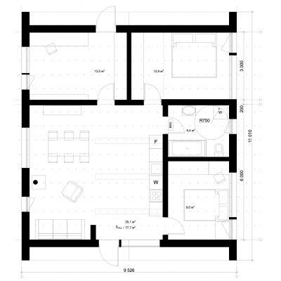 Modulový dům 4-pokojový - půdorys