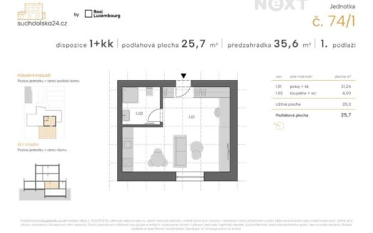 Prodej bytu 1+kk, 26 m² – Praha, Sedlec, ulice Suchdolská