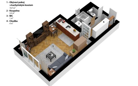 Pronájem bytu 1+kk, 28 m² – Praha, Braník, ulice Jeremenkova