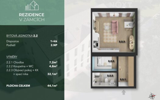 Prodej bytu 1+kk, 44 m² – Praha, Bohnice, ulice V Zámcích