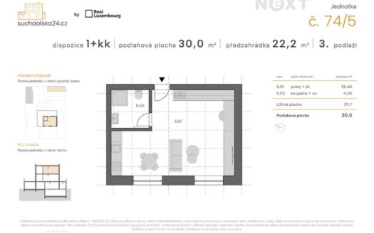 Prodej bytu 1+1, 27 m² – Praha, Sedlec, ulice Suchdolská