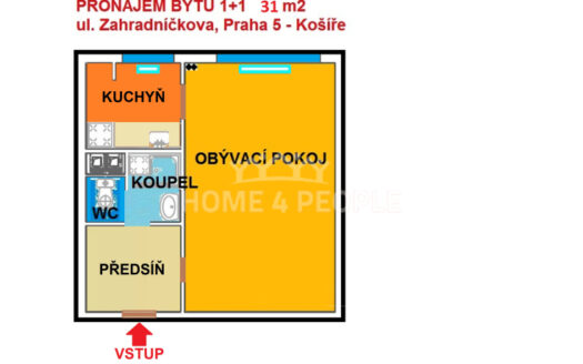 Pronájem bytu 1+1, 31 m² – Praha, Košíře, ulice Zahradníčkova